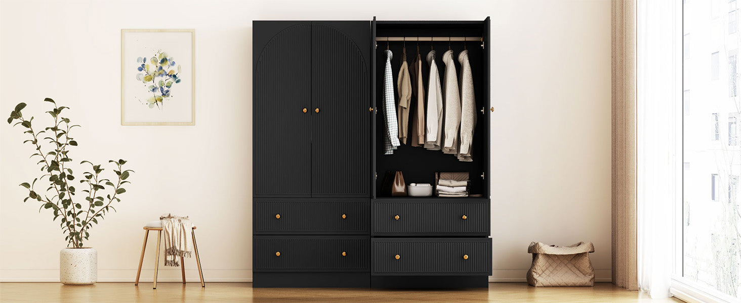 Black Freestanding Wooden Armoire Wardrobe Closet with 2 Storage Drawers